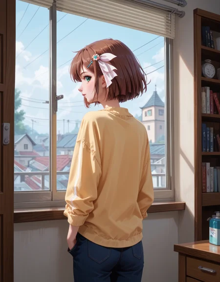 <lora:Fiz-Rot_Art_Style_Pony:0.8> f1z-r0t, Score_9, score_8_up, score_7_up,1girl, solo, looking back, hair ornament, from behind,
 <lora:hinaTuningFaceDetailer_SDXL-v2-rank256-pruned:0.8> , <lora:Kanzaki_Moemi_Ryoujoku_Famiresu_Choukyou_Menu_for_Pony:0.8>  Moemi, short hair, brown hair, <lora:Mooning:1> mooning