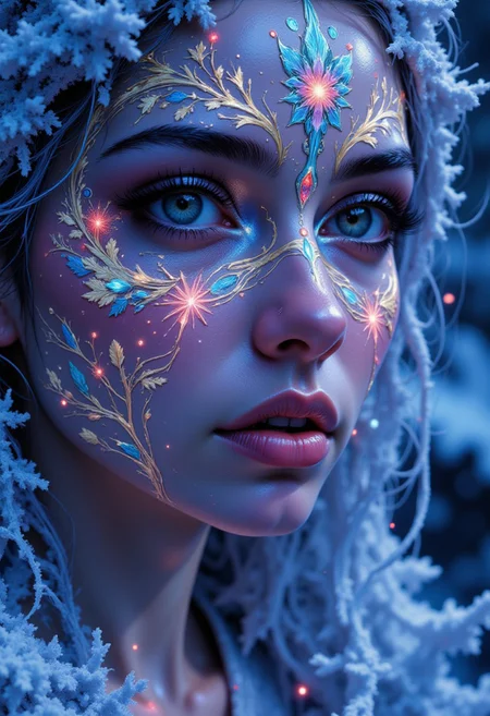 DGC style digital illustration, Magic style,
Close-up. Ultra high definition super hyperrealism of Psychedelic goddess with crystalline snowflake patterns on her face, prismatic reflections, divine feminine energy, winter motifs, radiant colors, mystical aura, highres, detailed features, hallucinatory lighting.