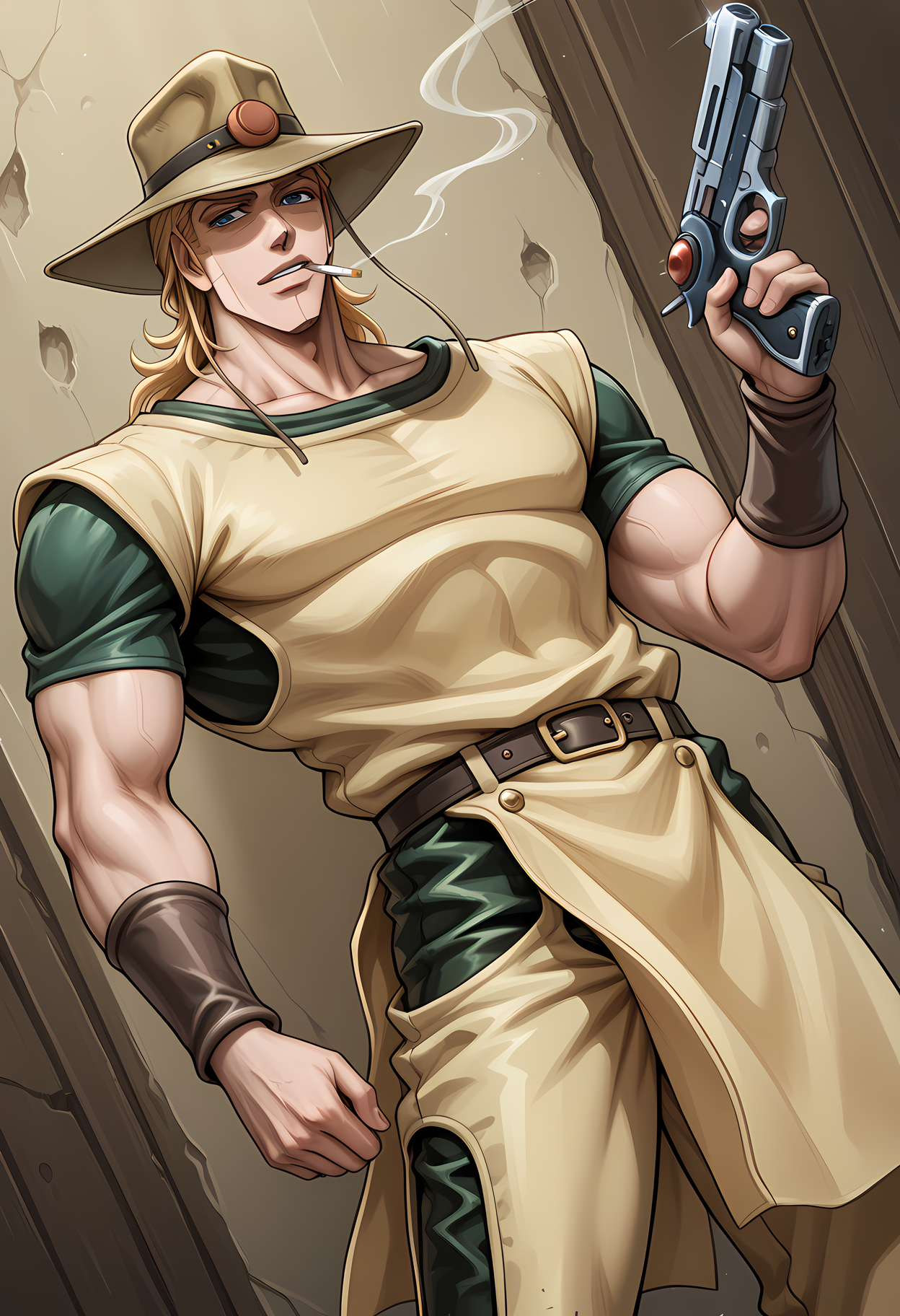 masterpiece, best quality, amazing quality, dutch angle, abstract background, BREAK
1boy, solo, male focus, jjba_holhorse, cowboy hat, blonde hair, long hair, cigarette in mouth, tan shirt, tan pants, emp_gun, BREAK
<lora:cfg_scale_boost:.6>  <lora:Hol_Horse_-_Jojos_Bizarre_Adventure_-_ILXL:1>