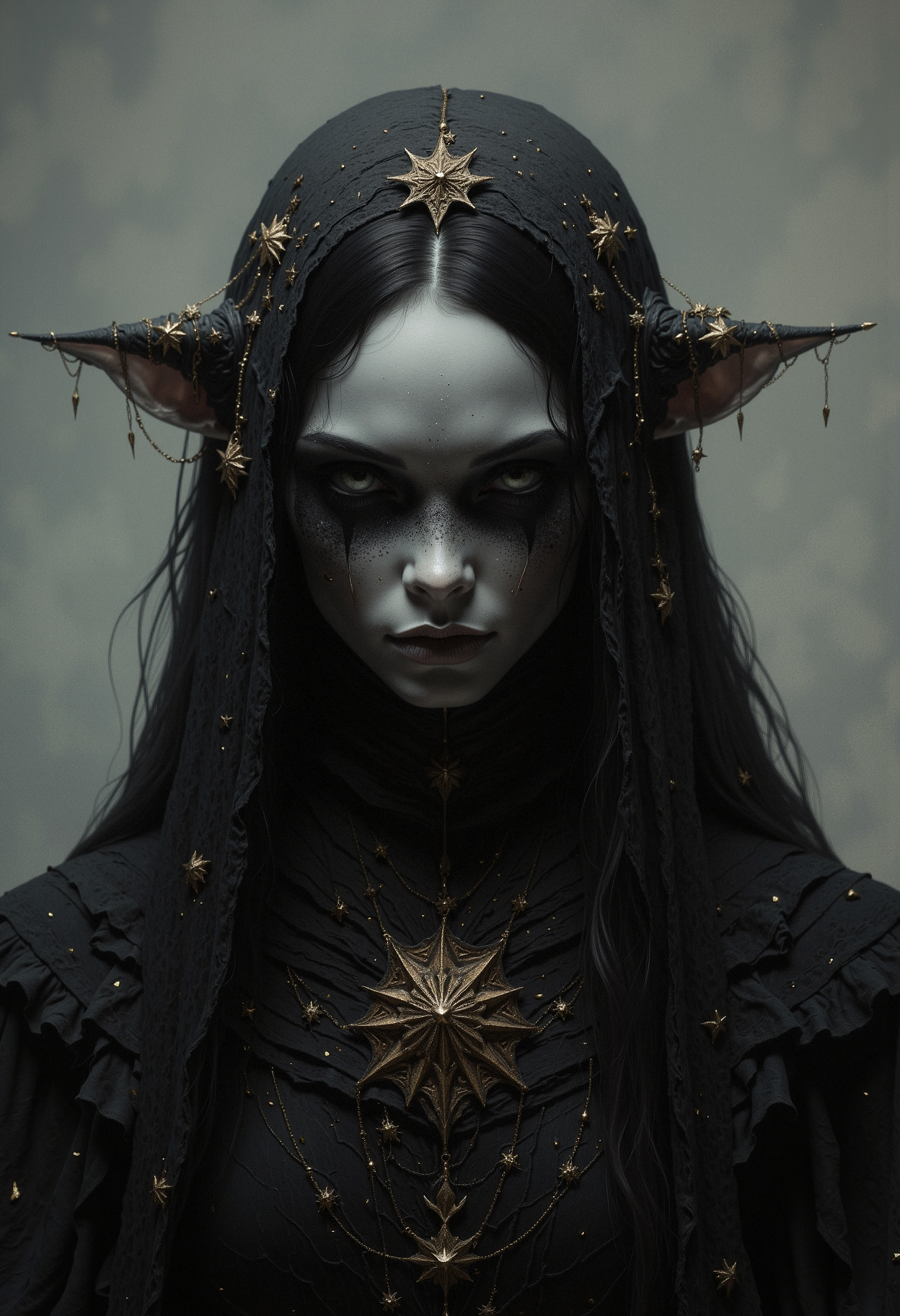 A mysterious female figure with pale white skin and no visible eyebrows. Her eyes are hidden behind a black lace veil adorned with gold stars of varying sizes. Her long, wavy black hair frames her face and falls down her shoulders. Her lips are full, painted a soft matte white. She is dressed in a layered, intricately detailed black gown decorated with tiny golden stars and delicate chains. The image captures her from the front, focusing on the upper half of her body. The lighting is soft, creating a mystical and somber atmosphere. The background is a smooth, grayish gradient with no distinct elements, giving the image a minimalistic and surreal feel.    <lora:dark_fantasy_flux:0.83> <lora:FredFraiStyle-FLUX-Share:0.63> <lora:sxz-Dark-Fantasy-v2-Flux:0.33> drkfnts style,
