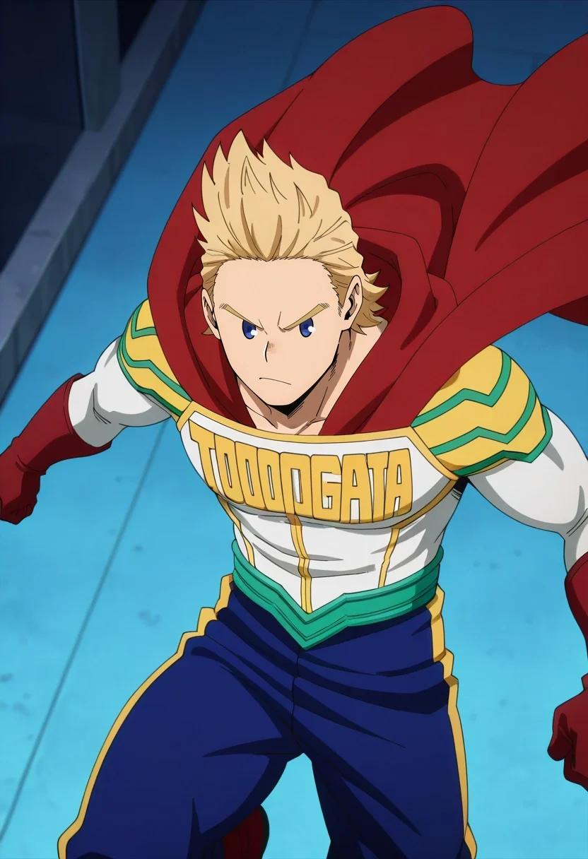 masterpiece, best quality, , anime screencap, , , looking at viewer, 1boy, solo, male focus, <lora:mirio_toogata_ilxl:0.98>, mirio_toogata, blonde hair, blue eyes, short hair, spiked hair, bodysuit, superhero, red cape, , Harem pants, Windbreaker, , , and