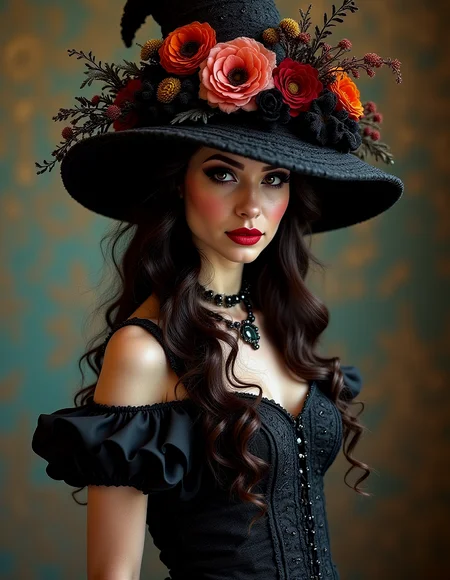 Masterpiece, woman in gothic dress, flower hat, <lora:flower-power-000004:1.0>