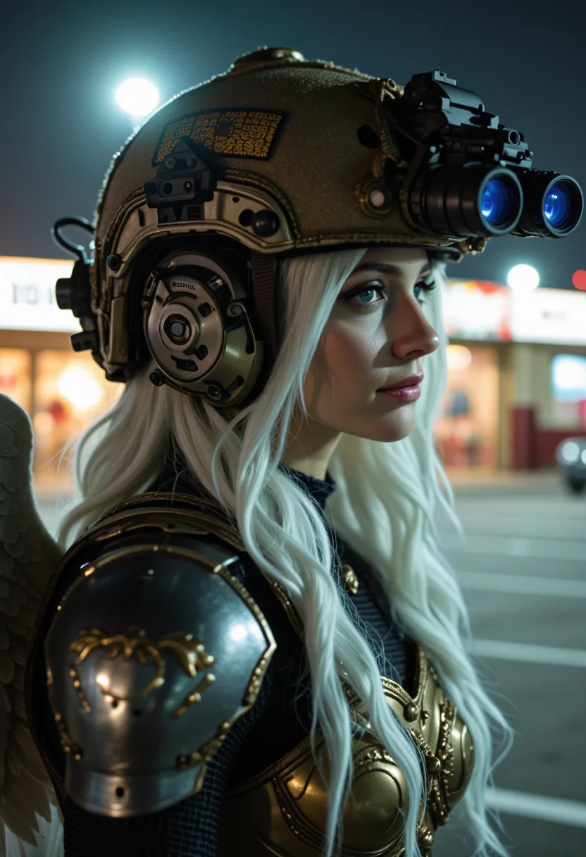 side profile cinematic still of an angel wearing a modern military helmet equipped with night vision The helmet has biblical iconography and is equipped with communication equipment. the helmet with attached night vision is a blend between the modern and the traditional holy, two night vision tubes with blue lenses, holding a tactical m4 with ornate golden magazine, she has white hair with large white feather wings and is wearing gothic ornate knight's plate armor, background is a parking lot at night with a store on fire in the background.