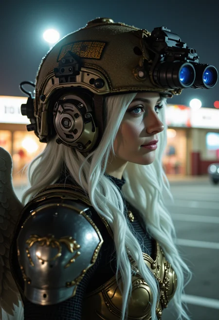 side profile cinematic still of an angel wearing a modern military helmet equipped with night vision The helmet has biblical iconography and is equipped with communication equipment. the helmet with attached night vision is a blend between the modern and the traditional holy, two night vision tubes with blue lenses, holding a tactical m4 with ornate golden magazine, she has white hair with large white feather wings and is wearing gothic ornate knight's plate armor, background is a parking lot at night with a store on fire in the background.