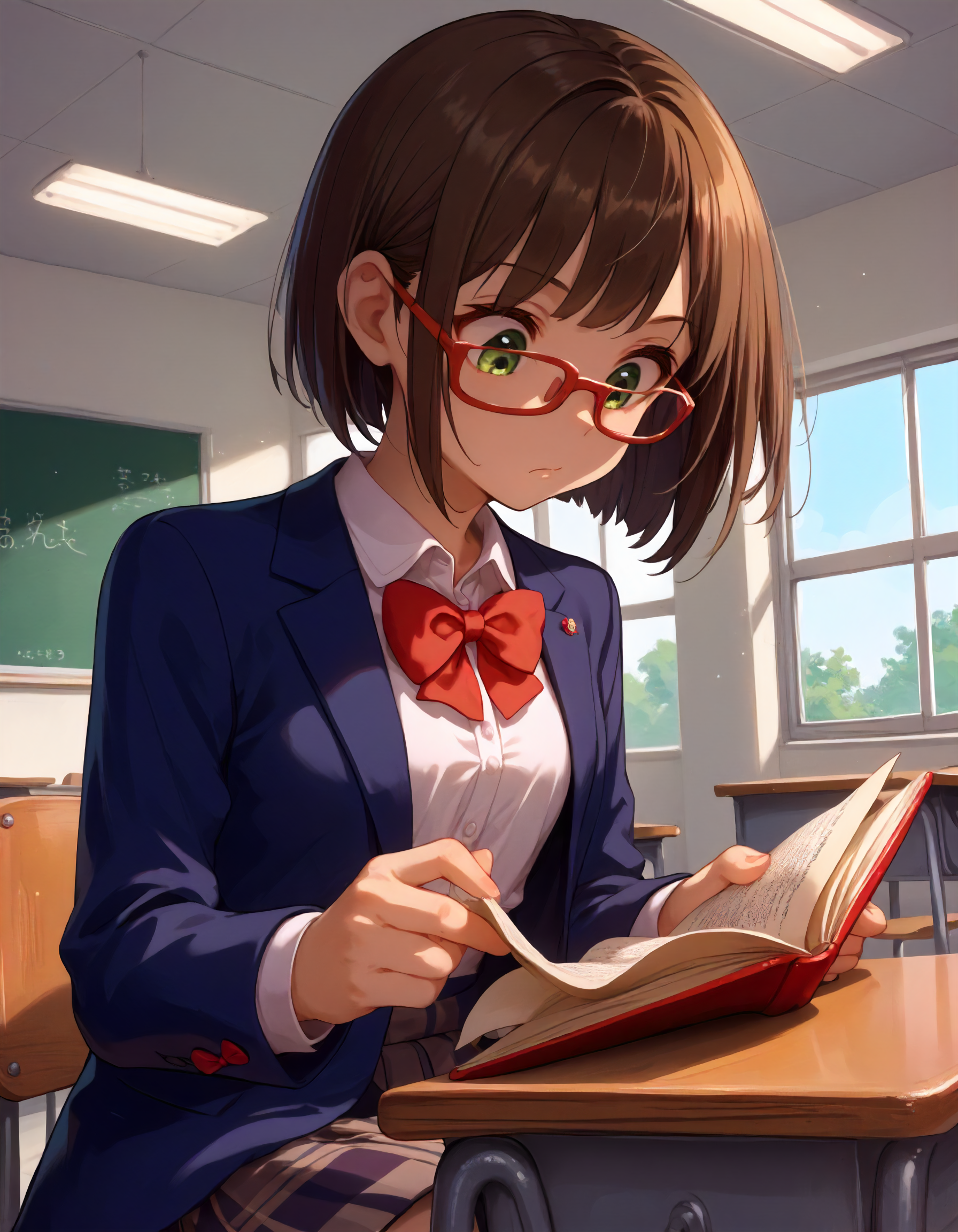 score_9,score_8_up,score_7_up,1girl,solo,upper body,sitting,on chair,looking down,indoors,school desk,reading,front view,
<lora:maekawamiku_ponyXLV6:0.8>,cgmmk,brown hair,short hair,bangs,green eyes,
red eyewear,blazer,white shirt,red bow