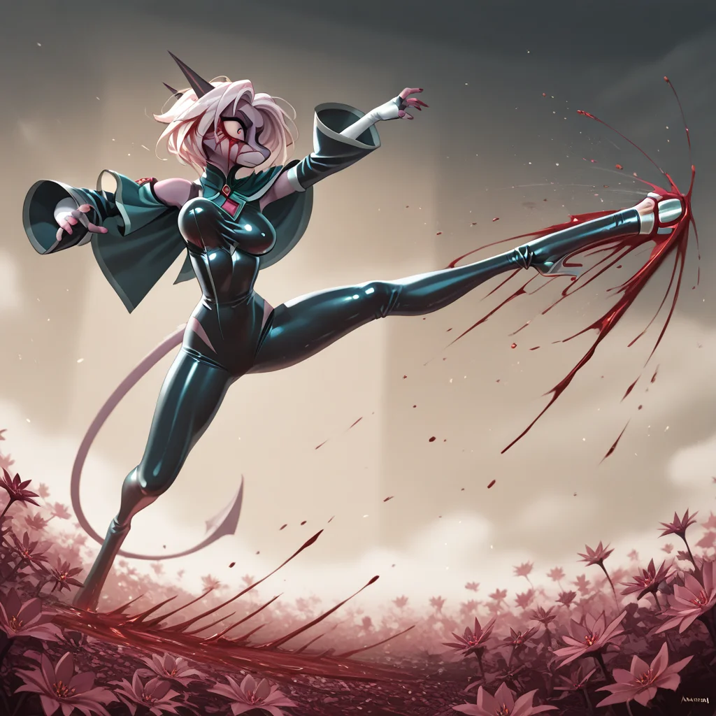 masterpiece, best quality,
Dreamkeepers,namah, 1girl,solo,furry,
latex bodysuit, skin tight, flower pattern, capelet, off shoulder, long sleeves, wide sleeves, white fingerless elbow gloves, high heels, fighting pose, kicking, dynamic pose, blood on face, blood, bouncing breasts,
, <lora:Dreamkeepers_lora:0.8>