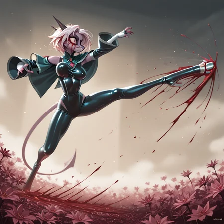 masterpiece, best quality,
Dreamkeepers,namah, 1girl,solo,furry,
latex bodysuit, skin tight, flower pattern, capelet, off shoulder, long sleeves, wide sleeves, white fingerless elbow gloves, high heels, fighting pose, kicking, dynamic pose, blood on face, blood, bouncing breasts,
, <lora:Dreamkeepers_lora:0.8>