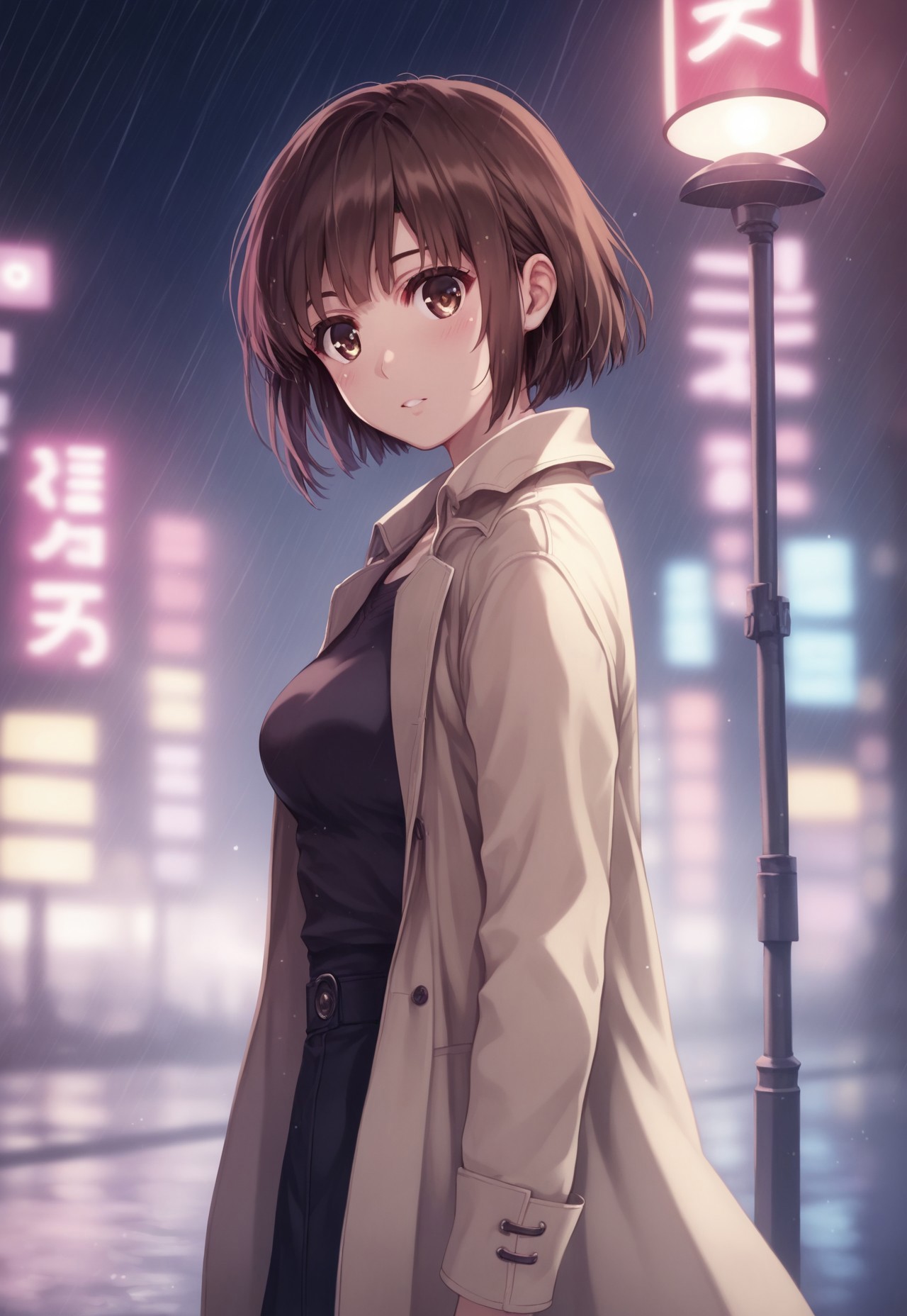 safe_pos, score_9, score_8_up, score_8, score_7_up, score_7, source_anime,
1girl, katou megumi, Megumi <lora:KatoMegumi:1>,brown hair,katou megumi,brown eyes, short hair , medium breasts,  solo, Looking at viewer, masterpiece, best quality, rainy day theme, urban street at dusk with reflections of neon lights in puddles, wearing a beige trench coat and ankle boots, soft raindrops falling around her, slight melancholic expression, her hair slightly damp, warm glow from a nearby streetlamp illuminating her, city lights blurred in the background, soft pastel hues, over-the-shoulder perspective, cinematic depth of field, calm and introspective atmosphere,(eye fix),old version