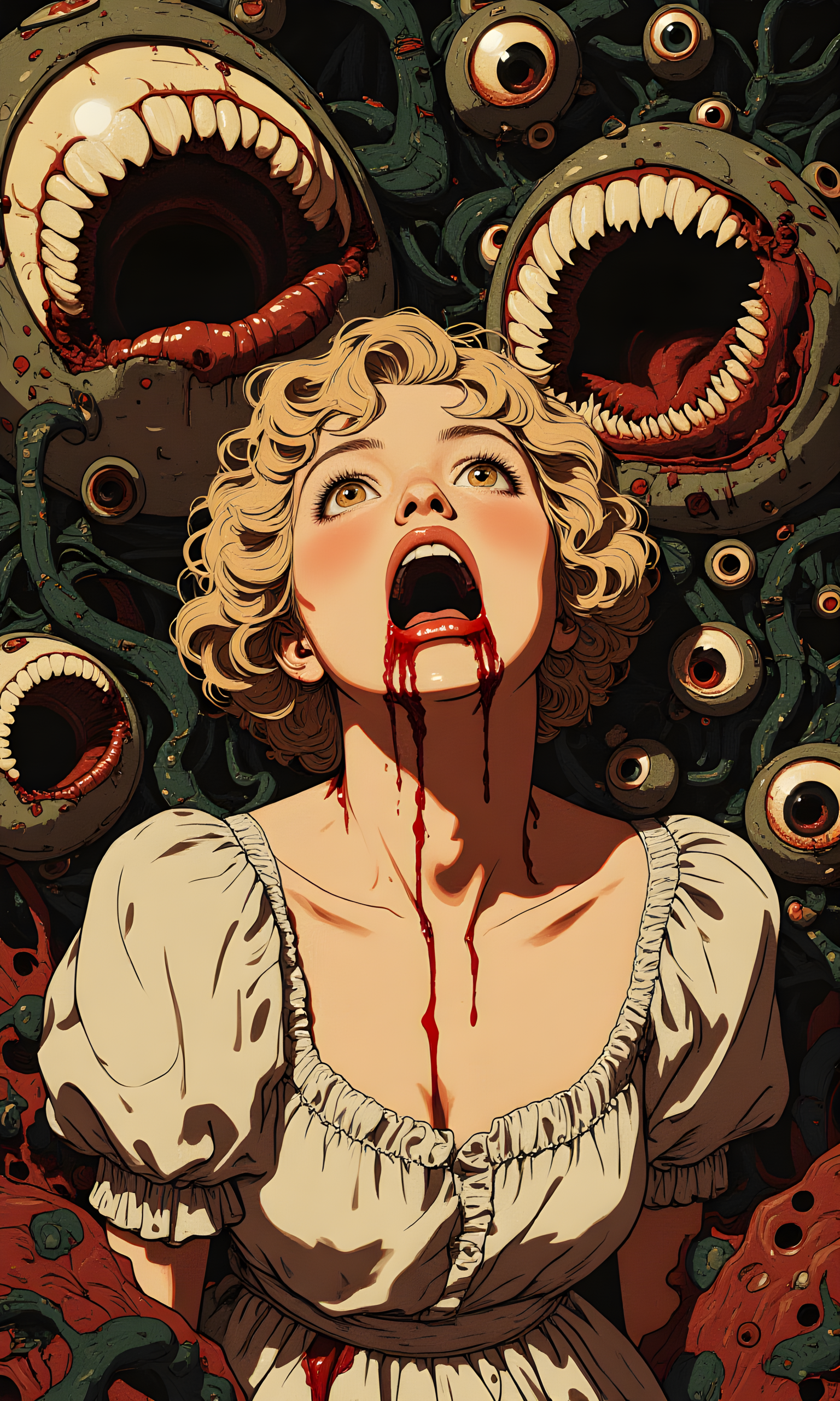 A highly detailed and surreal painting of a woman with an expression of fear or distress. She has light blonde, curly hair and is wearing a white, vintage-style dress that appears to be stained with blood. 
Her face is pale, and her eyes are wide open, conveying a sense of shock or terror. 
Blood is dripping from her mouth and chin, adding to the unsettling nature of the scene. 
Surrounding the woman is a chaotic and grotesque background filled with numerous large, disembodied eyes. 
These eyes vary in size and color, with some having red irises and others being more muted. The eyes appear to be part of a larger, monstrous entity, with tentacle-like appendages and sharp teeth visible in the lower part of the image. The overall effect is one of horror and unease, as if the woman is trapped in a nightmarish world. 
The camera appears to be positioned directly in front of the subject, capturing her face and upper body in a close-up shot. The lighting is dramatic, with strong contrasts between light and shadow. The light seems to be coming from above, casting shadows that accentuate the contours of her face and the details of the monstrous background. The overall effect is one of tension and intensity, as if the viewer is witnessing a moment of pure terror. 
The composition centers the woman in the frame, with the lines of her dress and the direction of her gaze leading the viewer's eye towards the center of the image. The use of color and texture creates a sense of depth and dimension, making the image feel dynamic and alive. The overall effect is both striking and unsettling, evoking a range of emotions in the viewer. 
BREAK anime, d13s3lp2nk, bboil artist style, OBdonman, Anime art, <lora:FLUX\Anime Art V3:0.2>, <lora:FLUX\Synesthesia:0.2>, <lora:FLUX\RetroAnimeS1.1:0.5>, <lora:FLUX\Flux-jijia:0.1>, <lora:FLUX\It's a LoRA for portraits, BUT! actually specialized in backgrounds. v1.0:0.1>, <lora:FLUX\GLSHS:0.2>, <lora:FLUX\Dieselpunk Delight - s0_9 g4:0.4>, <lora:FLUX\OBdonman, anime0style portrait:0.1>