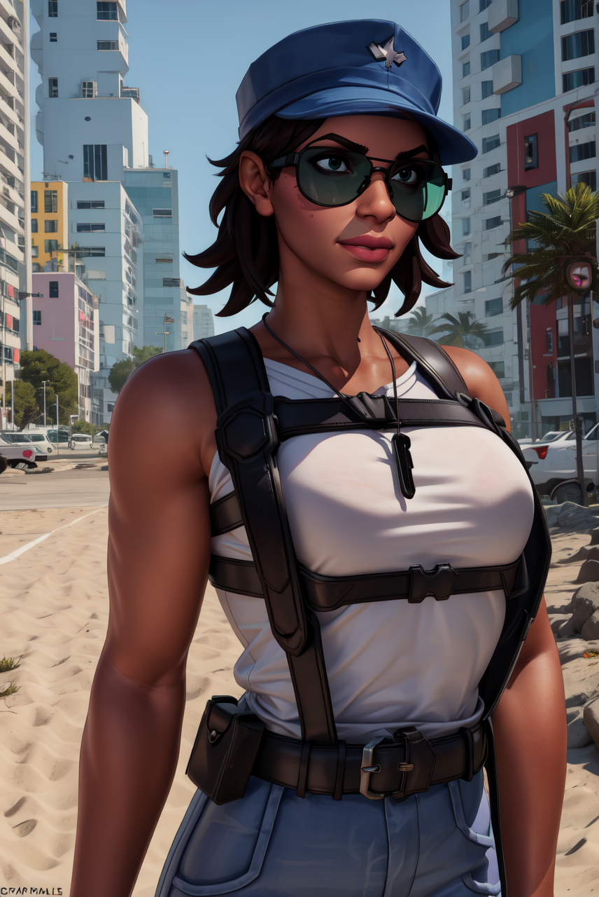 Braddock,brown hair,toned,lips,
shades,hat,white shirt,straps necklace,tactical gear,purple pants,belt,harness,
military camp,cyberpunk,
standing,upper body,(insanely detailed, masterpiece, best quality),smile,
solo,<lora:Braddock-10:0.7>,
