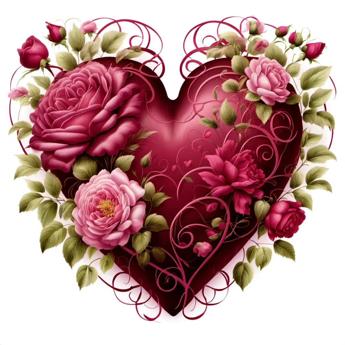 flowerart, white background, flower, rose, leaf, plant, red flower, pink flower, red rose, pink rose, peony flower, heart shape,<lora:flower_art:1>