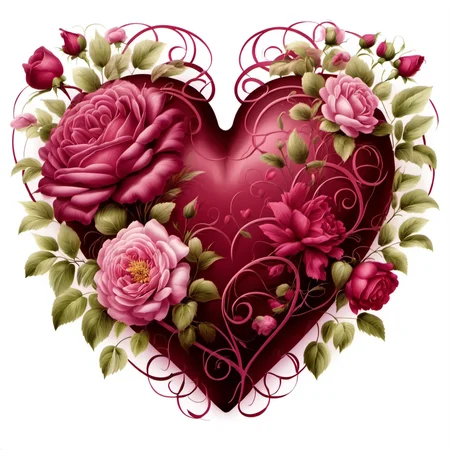 flowerart, white background, flower, rose, leaf, plant, red flower, pink flower, red rose, pink rose, peony flower, heart shape,<lora:flower_art:1>