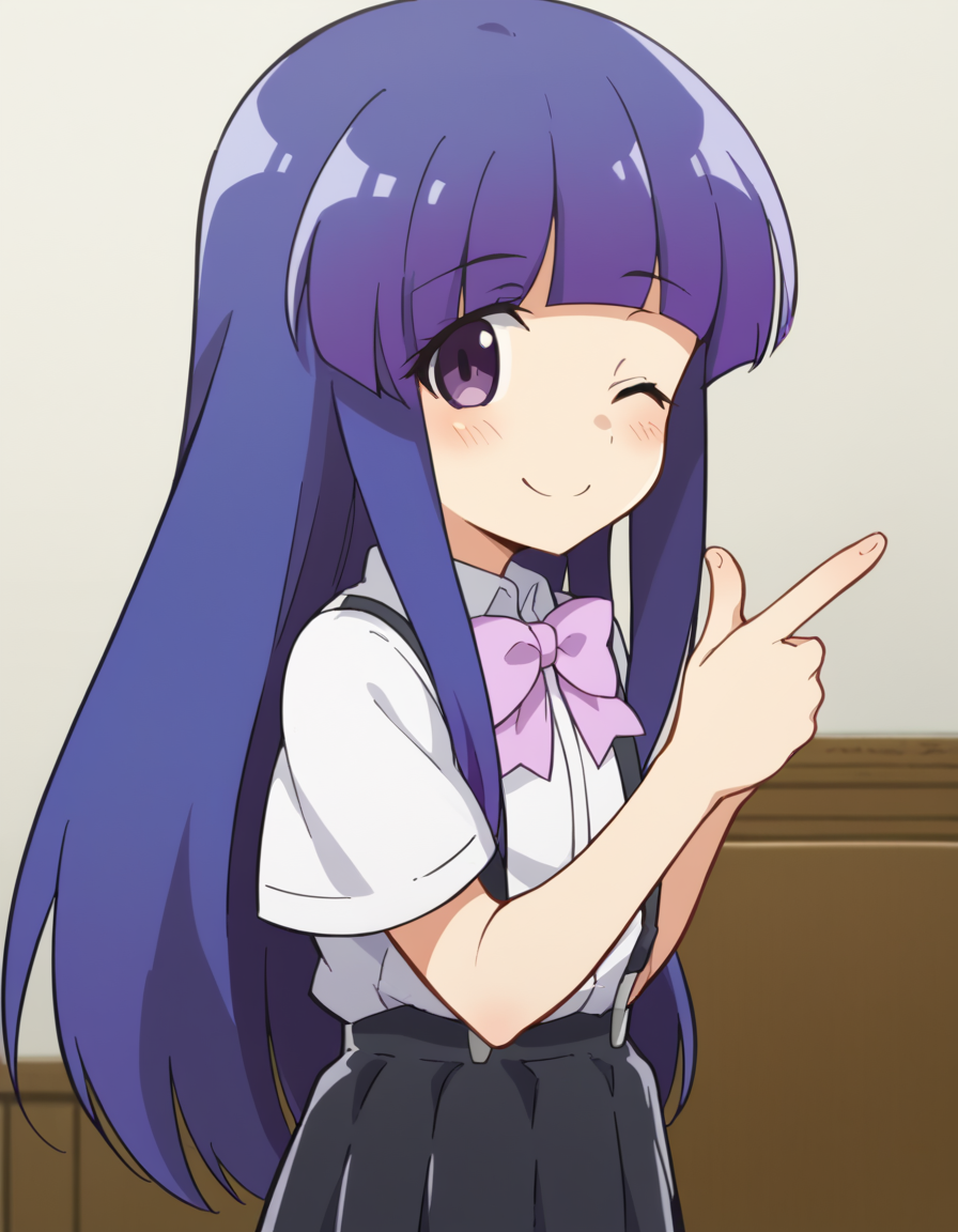 score_9, score_8_up, score_7_up, source_anime, <lora:rika-furude-s4-ponyxl-lora-nochekaiser:1>, rika furude, long hair, bangs, blue hair, purple eyes, blunt bangs, purple hair,, skirt, shirt, bow, school uniform, white shirt, short sleeves, pleated skirt, bowtie, black skirt, suspenders, pink bow, suspender skirt,, hotel, rooms, lobby, guests, beds, smile, <lora:double-finger-gun-ponyxl-lora-nochekaiser:1>, double finger gun,, blush, smile, one eye closed, from side, looking at viewer, solo,, dutch angle, cowboy shot