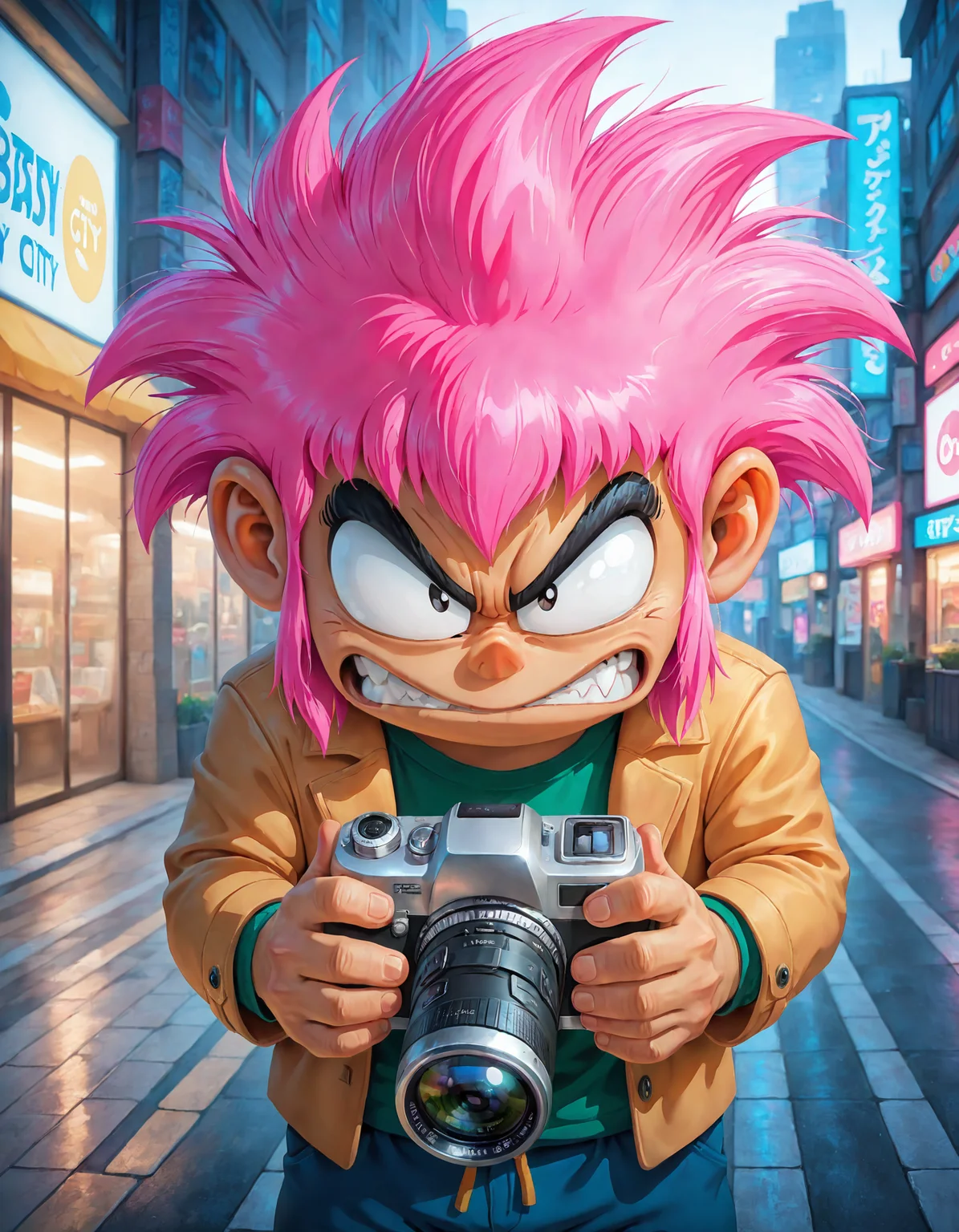 masterpiece, best quality, amazing quality, very aesthetic, absurdres, newest, (front, looking at viewer:1.1) <lora:Ore_Tomba_v3-000041:0.7>, t0mba, pink spiky hair, solo, male 1boy, angry, Journalist, casual jacket, notebook, camera, on a (busy city street), masterpiece, best quality, amazing quality, <lora:cfg_scale_boost:1.0>,