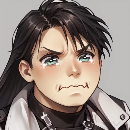 score_9, score_8_up, score_7_up, hugbaldw, cutoff jacket, body harness with holy cross design, long black hair, black shirt, black pants, black fingerless gloves, aquacrying, wavy mouth, closed mouth, tearing up, upper body