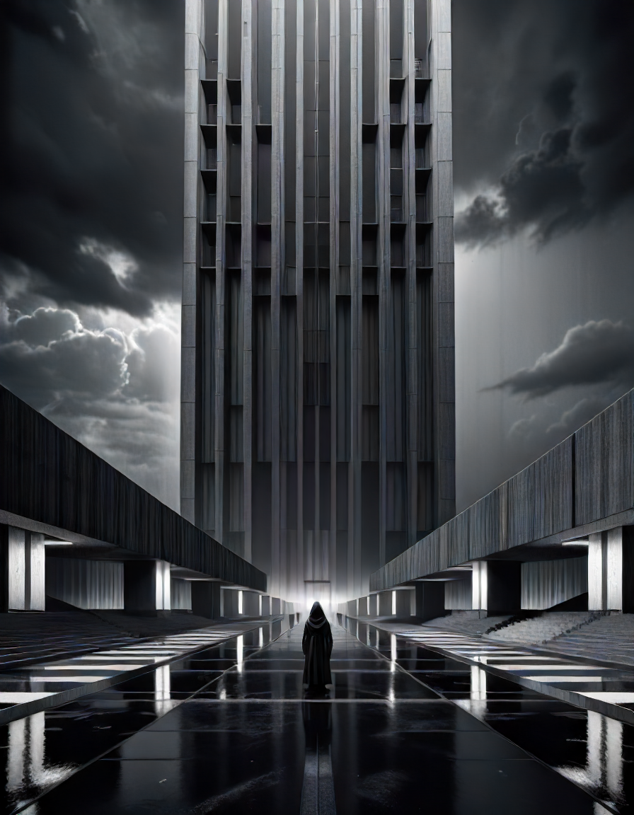 horror-themed Wide angle digital illustration, (Modern very tall building in brutalist style touching the sky:1.3), Vertical lines facade, Recessed rectangular windows, (Black and white contrast:1.2), Symmetrical streetlights, Antenna-like design, (Small human silhouettes:1.3), Grand entrance, Open plaza, Dark background, (Ghost portal in sky:1.3), Soft front lighting, White reflections, Stark atmosphere, Inspired by 33 Thomas rendering.
Masterpiece,best quality,hi res,8k,hi res,8k,award winning,(sharp focus, intricate, highly detailed), <lora:Brutalism:1> Brutalism <lora:EdobHorrorLandscape_XL_v1.0:1> EdobHorrorLandscape, eerie, unsettling, dark, spooky, suspenseful, grim, highly detailed