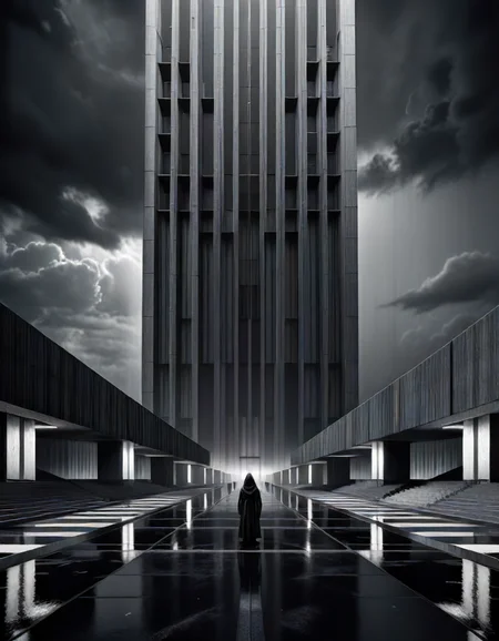 horror-themed Wide angle digital illustration, (Modern very tall building in brutalist style touching the sky:1.3), Vertical lines facade, Recessed rectangular windows, (Black and white contrast:1.2), Symmetrical streetlights, Antenna-like design, (Small human silhouettes:1.3), Grand entrance, Open plaza, Dark background, (Ghost portal in sky:1.3), Soft front lighting, White reflections, Stark atmosphere, Inspired by 33 Thomas rendering.
Masterpiece,best quality,hi res,8k,hi res,8k,award winning,(sharp focus, intricate, highly detailed), <lora:Brutalism:1> Brutalism <lora:EdobHorrorLandscape_XL_v1.0:1> EdobHorrorLandscape, eerie, unsettling, dark, spooky, suspenseful, grim, highly detailed