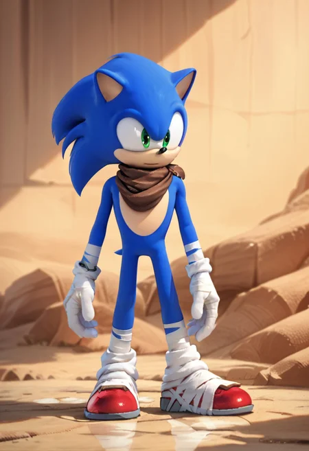 score_9, score_8_up, score_7_up, score_6_up, highly detailed,Good Colors, Good Shading, Good Eyes, Contrast Shading, male focus, 1boy, alone, Sonic, furry male, blue fur, green eyes, brown scarf, white gloves, red shoes, white bandages