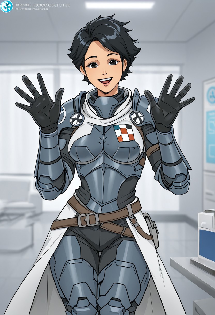 Panoceania, 1girl, smiling, waving at viewer, doctor, black hairs, short hair, happy, armor