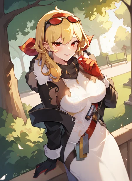 score_9, score_8_up, KaelaPony, red eyes, eyewear on head, blonde hair, gloves, white dress, park, large breasts, <lora:Kaela_Hololive_ID_Pony_r1:1>