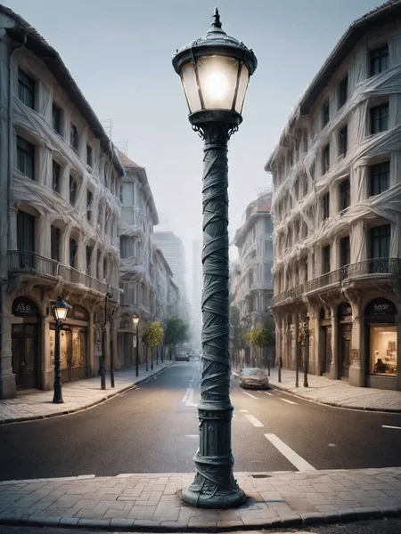 A streetlamp thoroughly ais-bndgs at its base <lora:ais-bndgs-sdxl:1>