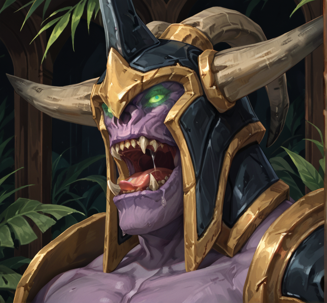 safe_pos, score_9_up,score_8_up,score_7_up,score_6_up,score_5_up,score_4_up, masterpiece, high quality, digital painting,  source_monster,  source_furry, zPDXL3, BREAK,
close up, portrait, three quarter view, side view, open mouth, roar, saliva, drool, saliva strand, sharp teeth,
wrathguard, demon, monster,  armor, shoulder armor, veins,  purple skin, underbite,  muscular, glowing eyes, green eyes, helmet, horned helmet
<lora:Wrathguard for PonyXL_v4:0.75>,  <lora:detailed_notrigger:0.3>, <lora:AdvancedEnhancerXLv2:2>,