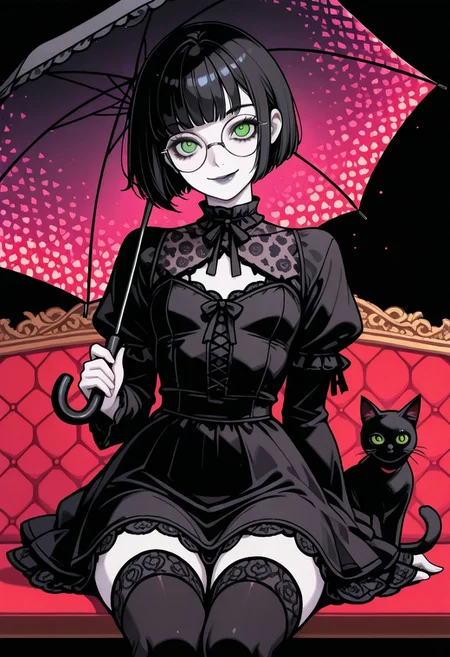 masterpiece, best quality, 32k, high resolution, absurdres, vector art, flat colors, s1n0p0pe, in the style of Jedpstgl, Impressionism,  Vaporwave,Pixel Art, Polly, PollyRH, short hair, bobcut, black hair, bangs, green eyes, small breasts, almost flat chest, slim, pale skin, big round eyeglasses, clear eyeglasses lenses, red, lip gloss, short goth dress, dark background, creepy background, abstracts, cowboy shot, looking at the viewer, holding an umbrella, hearts pattern umbrella, smiling, closed mouth, sitting on a bench, metal bench, thighhighs, black cat, goth attire,