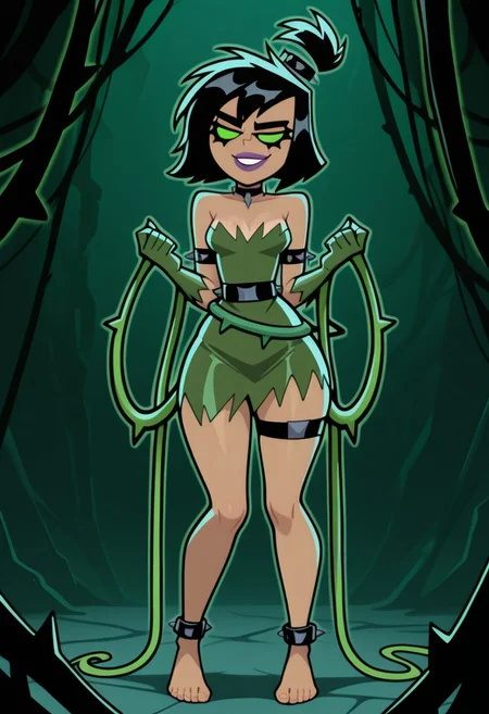 1girl, solo, Possessed Sam Manson, sam manson, black garter, punk hairtie, green tube dress, ragged clothes, green opera gloves, choker, tan skin, small breasts, wide hips, bare collarbone, bare thighs, bare legs, bare feet, cleavage, bare shoulders, runny mascara, solid green eyes, goth girl, barefoot, topknot, short hair, black hair, punk hairtie, wild hair, evil eyes, teasing, sexy, posing, tendrils, smug, purple lips,