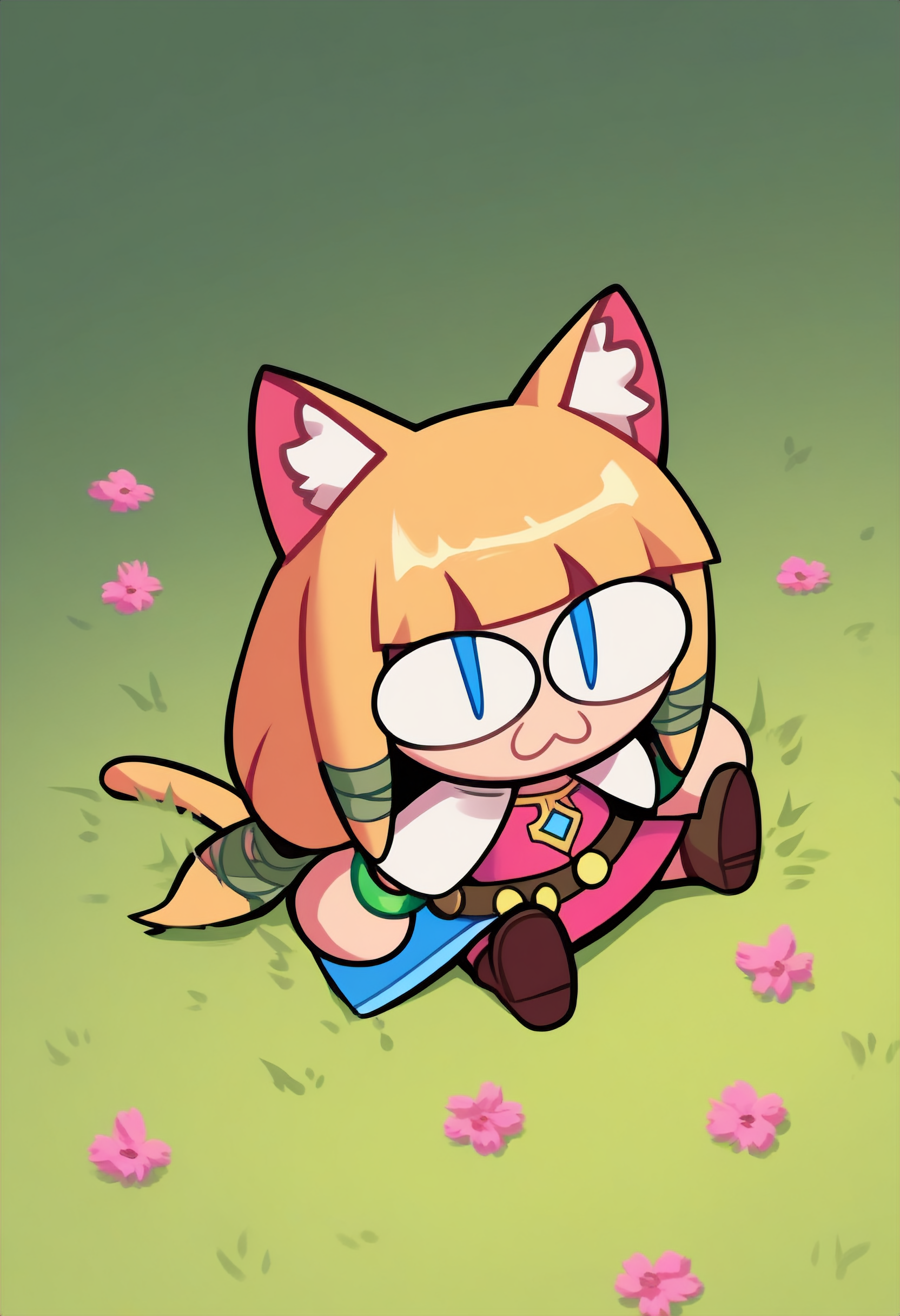 masterpiece, best quality, absurdres, outdoors,simple background,grass,noccen,animal ears, :3, chibi, cat tail, animal ear fluff, slit pupils,zeldssn11, blonde hair, hair tubes, hair ribbon, low-tied long hair, blunt bangs, blue eyes, brown belt, pink dress, green bracelets, white capelet, blue waist cape, medallions,sitting,flowers,brown boots <lora:zeldss_n11:0.8>  <lora:necoarccon-guy90-Illust-LycorisV1:1>