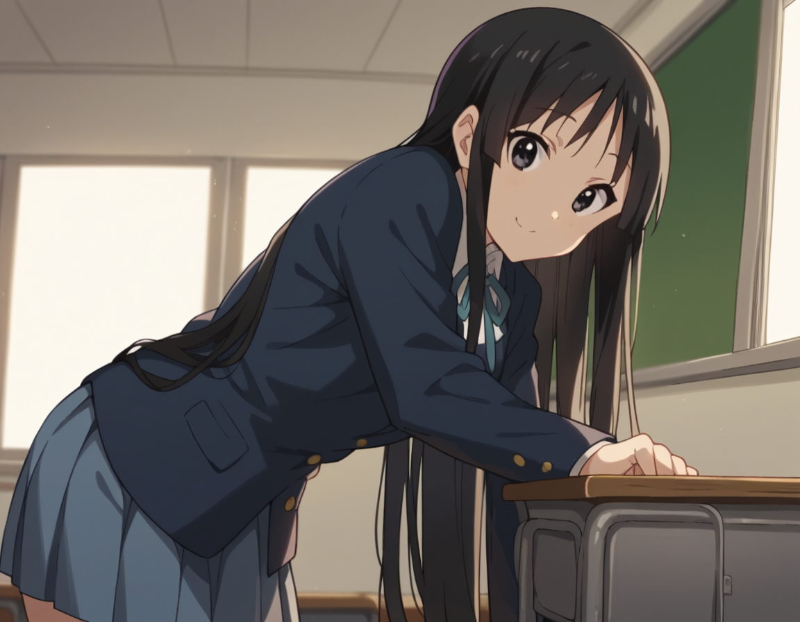 score_9, score_8_up, score_7_up, source_anime,
mioakiyama, <lora:mio-akiyama-s2-ponyxl-lora-nochekaiser:1>,
mio akiyama, long hair, bangs, black hair, black eyes, hime cut,
sakuragaoka high school uniform, school uniform, uniform, blazer, shirt, white shirt, collared shirt, skirt, pleated skirt,
indoors, classroom, bent over, smile,
looking at viewer, cowboy shot, dutch angle, solo,