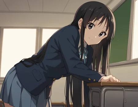 score_9, score_8_up, score_7_up, source_anime,
mioakiyama, <lora:mio-akiyama-s2-ponyxl-lora-nochekaiser:1>,
mio akiyama, long hair, bangs, black hair, black eyes, hime cut,
sakuragaoka high school uniform, school uniform, uniform, blazer, shirt, white shirt, collared shirt, skirt, pleated skirt,
indoors, classroom, bent over, smile,
looking at viewer, cowboy shot, dutch angle, solo,