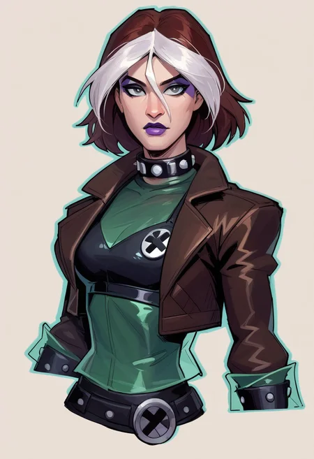 score_9, score_8_up, score_7_up, score_6_up, {Rogue, marvel}, 1girl, pale skin, lilac lips, lilac makeup, short brown hair with white bangs, EVOrogue, black sports bra, studded collar, green mesh top (covered chest), green transparent blouse, long sleeves, gray eyes, black leather skirt, gray tights, big black boots, studded bracelets, leather gloves, brown bomber jacket, fur trim, hood,
casual clothes, goth outfit,
detailed face, pretty face, outline, cel-shading, sketch,