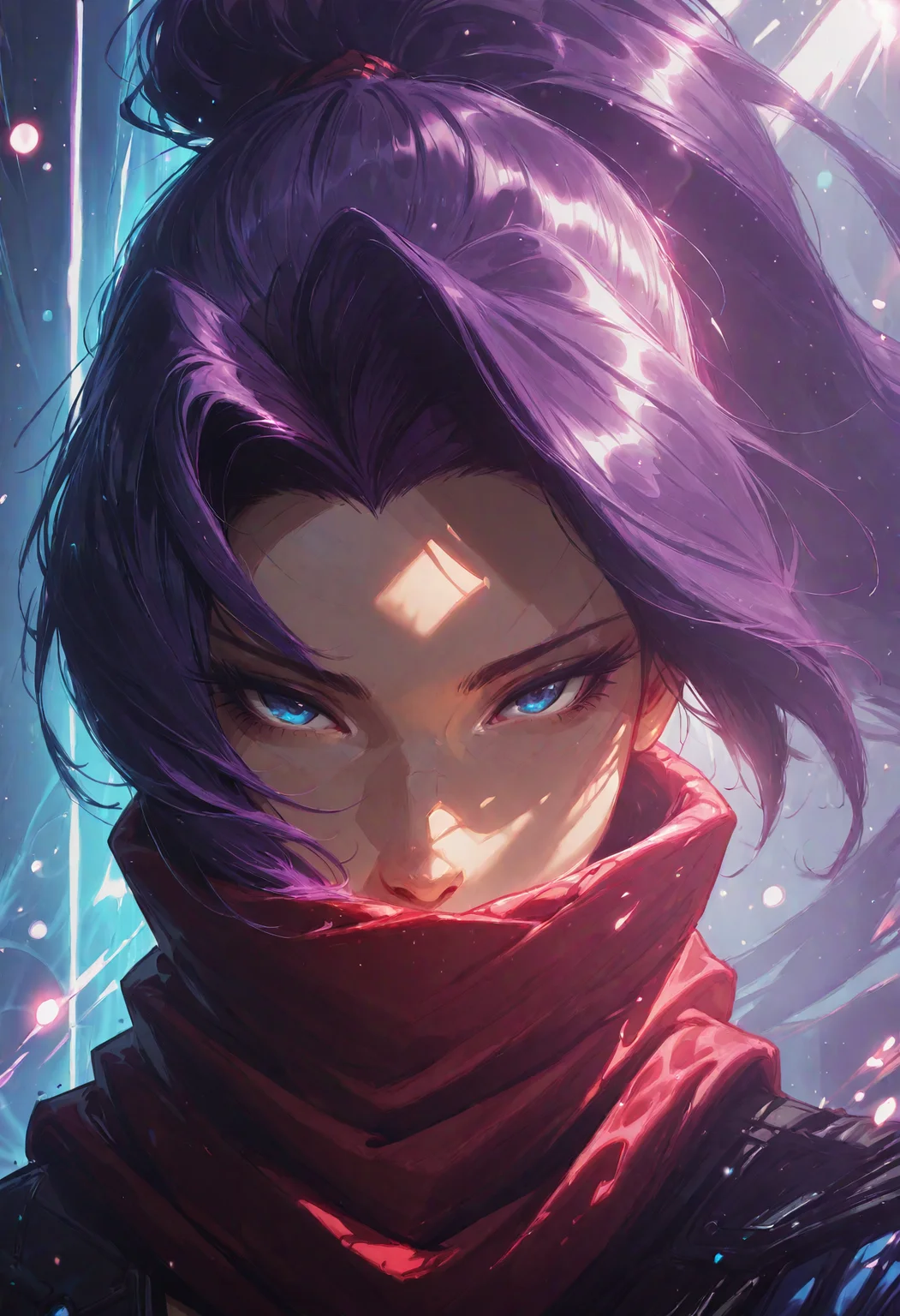 best quality, masterpiece, highly detailed, BREAK,
1girl, solo, psylocke_mvr, blue eyes, purple hair, high ponytail, parted bangs, long hair, red scarf, scarf over mouth,
BREAK,
face focus, close up, bokeh, luminescent background, volumetric lighting, raytracing, <lora:Psylockev1_Illu_Dwnsty:1.0> <lora:RealisticAnimeIXL_v2:0.8> <lora:Dramatic_Lighting_Slider:0.45>