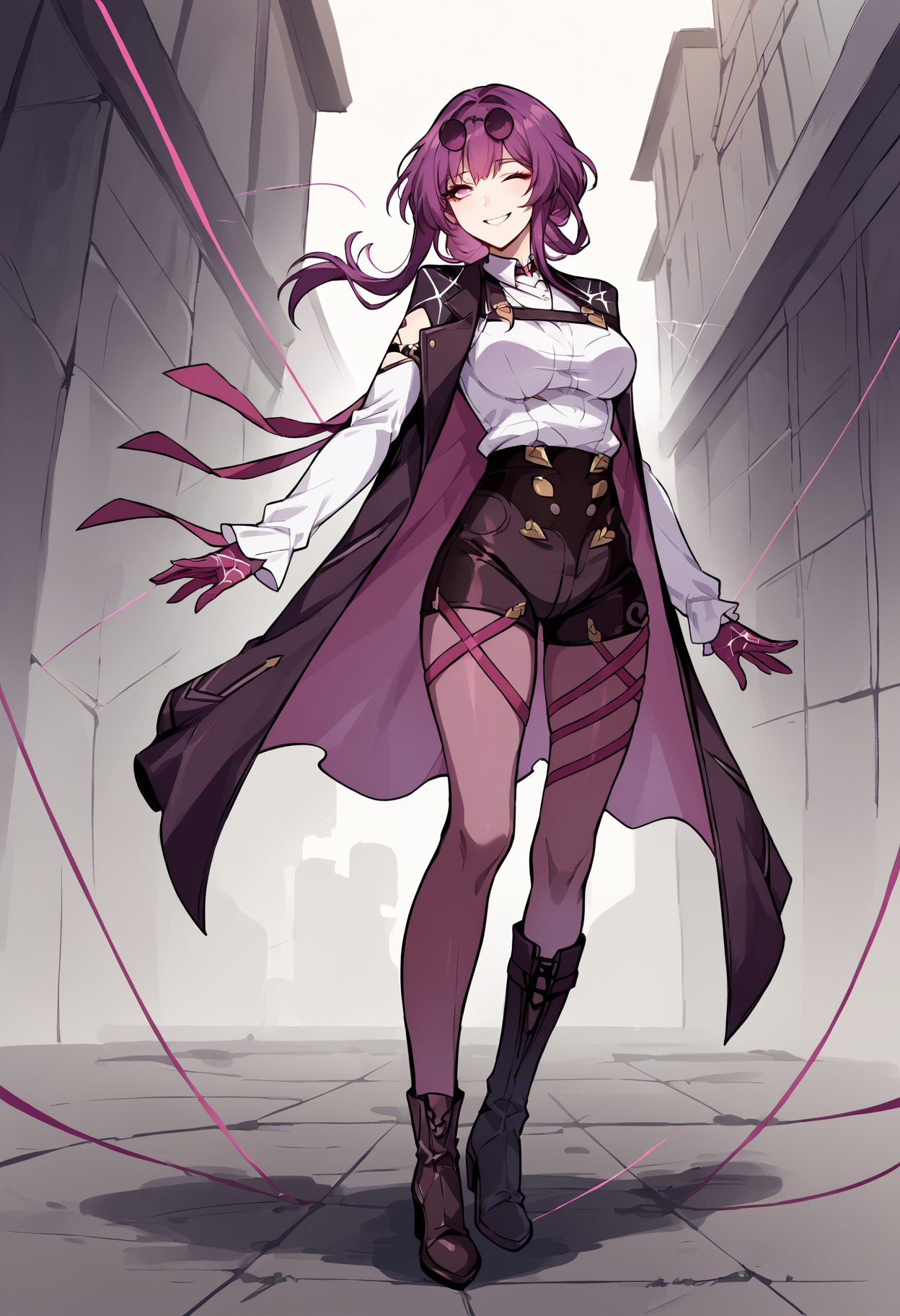 score_9, score_8_up, score_7_up, source_anime, 1girl, mlkfk, eyewear on head, jacket on shoulders, long hair, pince-nez, purple hair, round eyewear, sunglasses, white shirt, double breasted, high, asymmetrical gloves, spider web print, high heel boots, knee boots, pantyhose under shorts, purple pantyhose,  <lora:Kafka-pdxl-1:1>, mature female, smile, cowboy shot,