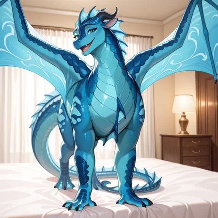 1girl, highres, absurdres, newest, masterpiece, best quality, furry, furry_female, Seawing_wof, aquatic scales, chin tendrils, dragon, scales, wings, horns, tail, head frill, claws, chest frill, webbed claws, webbed feet, Tsunami_wof, blue scales, green eyes, 1girl, blue eyes, wing pattern, spread wings, (feral, quadruped:1.1), detailed eyes, standing, open_mouth, open mouth smile, luxurious detailed room, bright room, day scene, professional lighting, white bed, solo, bedroom, smiling, seductive, looking_at_viewer, masterpiece, close up, safe