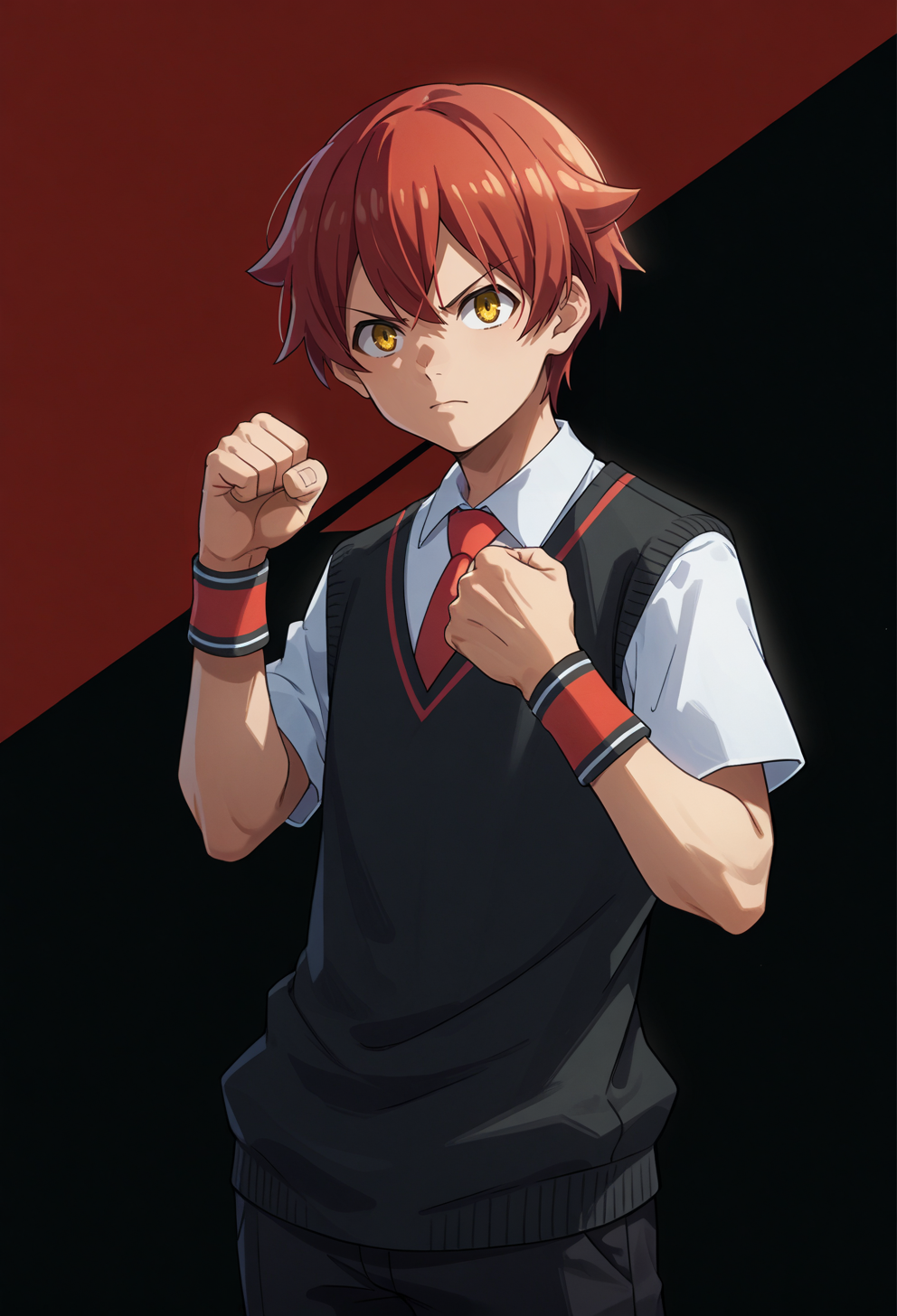 score_9, score_7_up, source_anime, BREAK  <lora:AEYuta:0.9> aeyuuta, yellow eyes, red hair, short hair, collared shirt, red necktie, short sleeves, sweater vest, wristband, black pants, serious, hand up, clenched hand, hand on own chest, multicolored background,