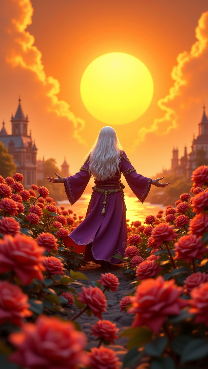 hearthstone artwork by Liam Gillick, octane render, the scene is set in a vast Rose garden, with a deep orange Brown sky and a Orange sun shining Gail on the water. The swedish super Knight, adorned with a Long layers White hair, stands petite and Manic, his arms outstretched as if he's about to embark on Ion adventure. His body is a deep string bean color, and his lips are filled with wisdom and knowledge. He wears a deep purple Cotehardie, a Cream Cold-shoulder top, 50mm, triadic colors, aidmafluxproultra
