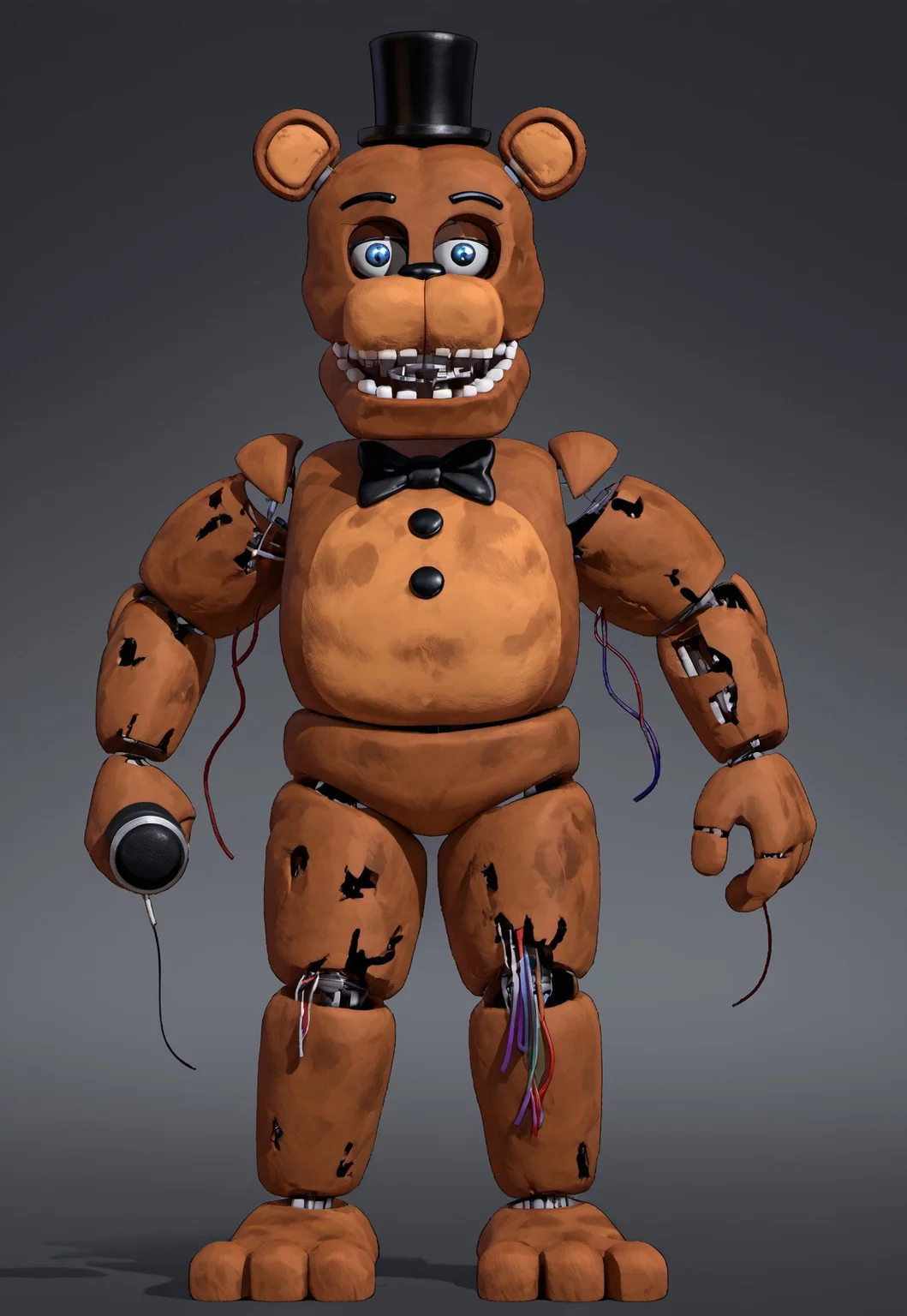 safe_pos, score_9, score_8_up, score_7_up, source_anime, rating_nsfw, ultra hd, absurdres, solo, masterpiece, best quality, best aesthetic, Expressiveh, wolfconf, burankoprn!,
withered Freddy, Brown fur, blue eyes, Animatronic, Joints, withered body, Buttons, black bowtie, black top hat, wires out of arm, furry, male, chubby, anthro bear