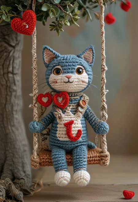 logo,text,cat holding a sign that says,("I❤️U":1.4),
a cat enjoying himself on a swing from a tree, by saint exupery, crocheted style, (smile, happy:0.5)