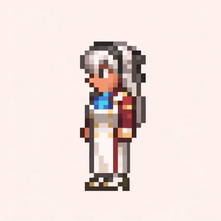 masterpiece, best quality, solo, 1girl, <lora:Terraria-Sprites-illus_Fp:1>, simple background, full body, pixel art, white background, elie macdowell, black hairband, hair ribbon, long hair, blue ascot, uniform, long red sleeves, white dress,