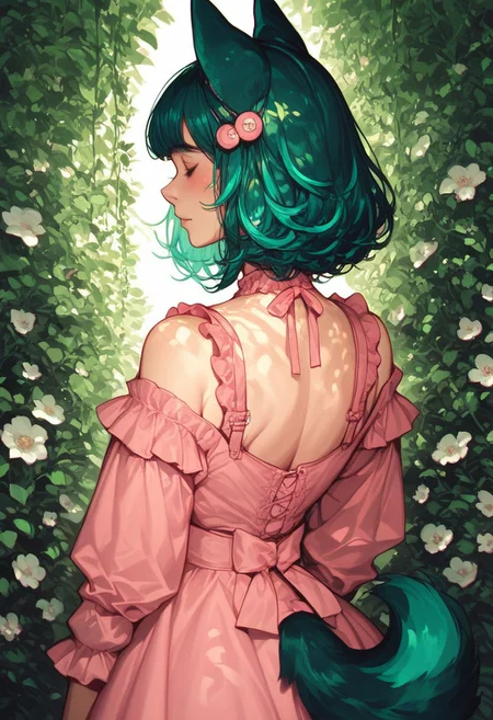 score_9, score_8_up, score_7_up, score_6_up, score_5_up, (art, from behind, (psychedelic), garden, sunlight, dog ears, pink dress, frilled dress, hair ornament, 1girl, shoulder length, teal hair, green streak, blunt bang)