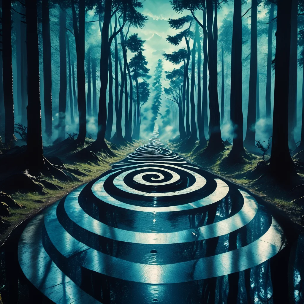 core_9, score_8_up, score_7_up, score_6_up, <lora:Geometric_Dreamlike_MoviePony:1> no humans, forest, nature, tree, outdoors, scenery, road, stairs, reflection, ArsMovieStill, A dreamlike movie still, The image is a digital art piece that appears to be a surreal landscape. It shows a long winding path in the middle of a forest with tall trees on either side. The trees are shrouded in fog creating a mysterious and eerie atmosphere. The path is made up of multiple concentric circles that are arranged in a spiral pattern creating an illusion of depth and dimension. The colors are mostly blue and black with some hints of white and gray. The overall mood of the image is dark and eerie with a sense of mystery and wonder.