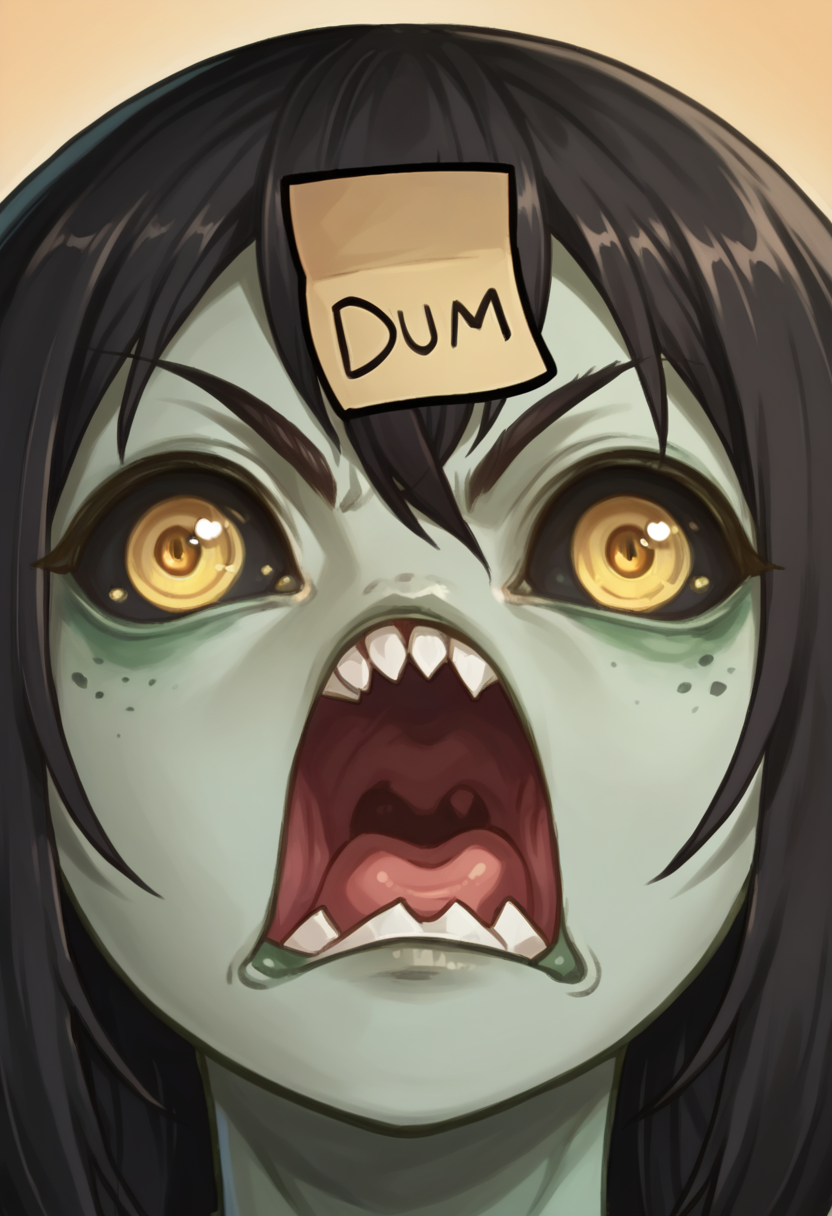 score_9, score_8_up, score_7_up, 1girl, solo, long hair, black hair, green skin, black sclera, monster girl, covered in vines, yellow eyes,
gradient background, portrait, face focus, comic style,
<lora:The_Lady_of_the_Forest_Dragon_Age_Origins:0.7>,   <lora:DumStickyNote_XLPD:1> dumstickyNote, sticker,  <lora:rage_r1:1> open mouth rage, open_mouth, shouting,