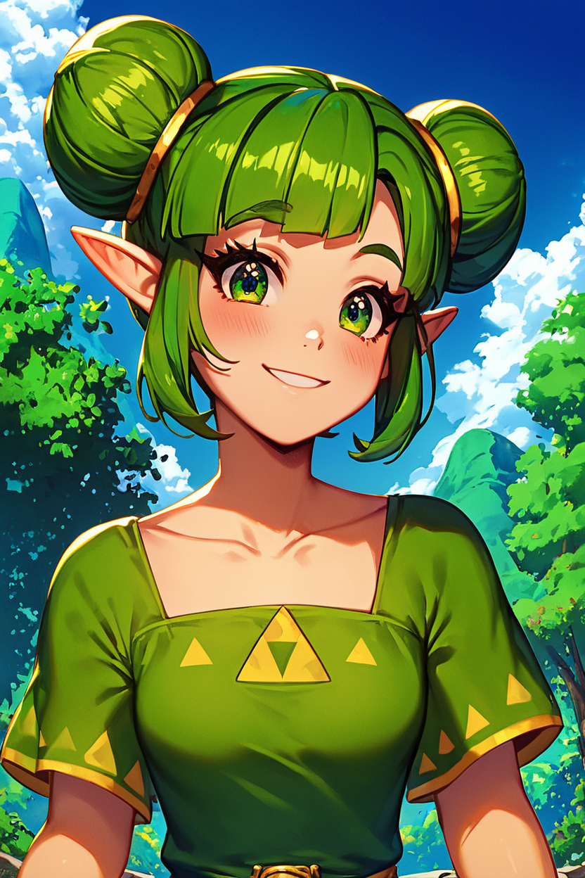 score_9, score_8_up, score_8, medium breasts, (curvy), cute, eyelashes,       BREAK, , zzFarore, green eyes, green hair, double bun, pointy ears,  bangs, green dress, collarbone, short sleeves  <lora:Farore_Zelda_PDXL:0.6>, , BREAK, smile, looking at viewer, cowboy shot, outdoors, sky, day, cloud, tree, blue sky, sunny,  Expressiveh, <lora:Alola_Style_PDXL:0.8>,  <lora:Expressive_H-000001:0.4>,