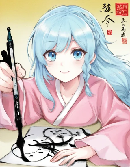 Ink wash painting,chinese clothes,pink hanfu,yellow background,gradient background,jewelry,shuangyaji,string,wide sleeves,qixiong ruqun,drawing,close-up,looking at viewer,smile,
1girl,solo,blue hair,long hair,blue eyes,braid,makeup,
<lora:yuebai_noob>,masterpiece,best quality,very aesthetic,absurdres,
