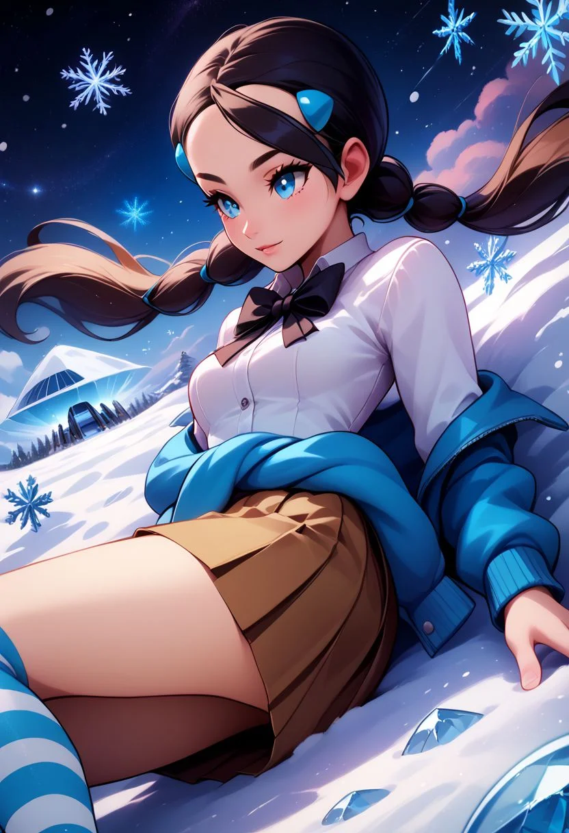 score_9, score_8_up, score_8, medium breasts, (curvy), cute, eyelashes, rating_safe,
BREAK,
zzCandice, hair ornament, twintails, hairclip, striped socks, bowtie, sweater around waist, brown skirt,
BREAK,
snow, ice, snowflakes,
dynamic angle, stars, floating, colorful, pink, blue eyes, black bow, from side, on back, spaceship, technological,
zPDXL,