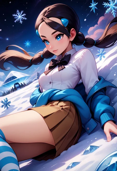 score_9, score_8_up, score_8, medium breasts, (curvy), cute, eyelashes,  rating_safe,
BREAK, 
zzCandice,  hair ornament, twintails,  hairclip, striped socks, bowtie,  sweater around waist, brown skirt,
BREAK, 
snow, ice, snowflakes, 
dynamic angle, stars, floating, colorful, pink, blue eyes, black bow, from side, on back, spaceship, technological,
zPDXL,