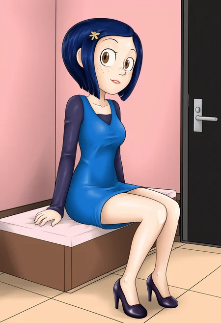 masterpiece, best quality, absurdes, 1girl, solo, full body,
(source_cartoon),
<lora:Coraline - Garabatoz Style (Illust):0.8>
Coraline_Garabatoz, freckles, brown eyes, blue hair, short hair, hair ornament,
indoors, sitting, high heels,
<lora:Detailer_NoobAI_Incrs_v1:0.4> detailed,