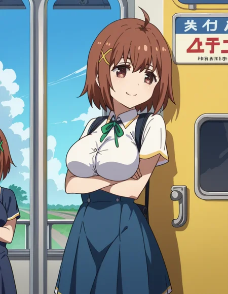 score_9, score_8_up, score_7_up, source_anime, <lora:nimi-minimi-s1-ponyxl-lora-nochekaiser:1>, nimi minimi, short hair, large breasts, brown hair, hair ornament, brown eyes, ahoge, x hair ornament, skirt, school uniform, blue skirt, short sleeves, collared shirt, ribbon, green ribbon,, train station, waiting for train, suitcase, traveling, commute, city skyline, hands behind back,, smile, , crossed arms, smug, solo,, cowboy shot, dutch angle