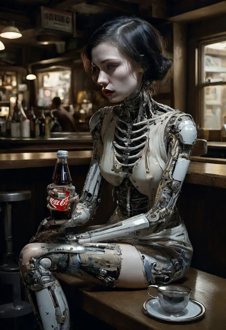 surreal , lowbrow art,  Biomechanical, cyborg, pierrot,, hyper detailed, trending on artstation, sharp focus, studio photo, intricate details, highly detailed, by greg rutkowski""photography, ethereal, "", extremely detailed, delicate detail, crisp quality, ultra realistic, hyperrealistic, award jenny saville, edward hopper, surrealism, dark art by james , him drinking a coke and bottle by his side in a rustic bar, Sticker, Excited, Vibrant Color, Anime, Contour, Vector, Detailed
 fantastic
l
leica 8k comic book dada ,surreal